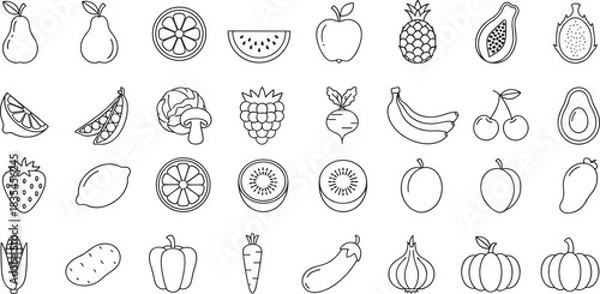 Obraz Outline and Line Icons Collection of Various Fruits, Vegetables, and Berries: Healthy Food and Organic Produce, Simple Black and White Vector Illustration for Design and Web.