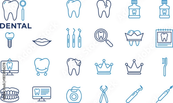 Obraz Includes Tooth, Implant, Tools, and X-ray, Vector Illustration for Web and Mobile App.Includes Tooth, Implant, Tools, and X-ray, Vector Illustration for Web and Mobile App.