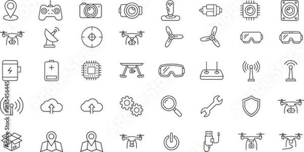 Obraz Remote Control, Camera, Signal, and GPS Location, Simple Black Outline Vector Illustration for App Design.