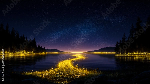 Fototapeta Glowing golden trail of lights drifting across a tranquil lake under a star-filled night sky, creating a magical landscape