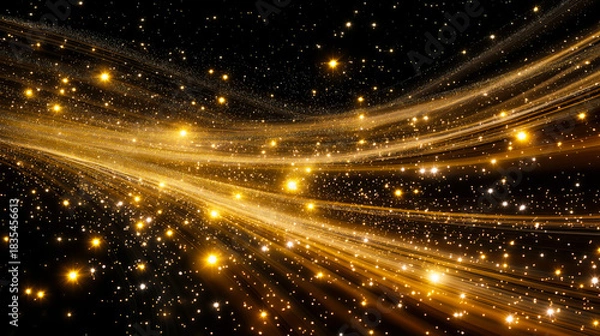 Fototapeta Golden light streaks flowing across a star-filled background, creating a dynamic abstract scene with sparkling particles