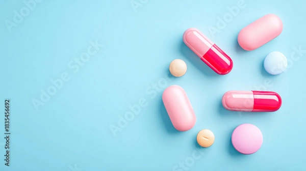Fototapeta Colorful capsules and round tablets in pastel pink, blue and beige arranged on a bright blue background