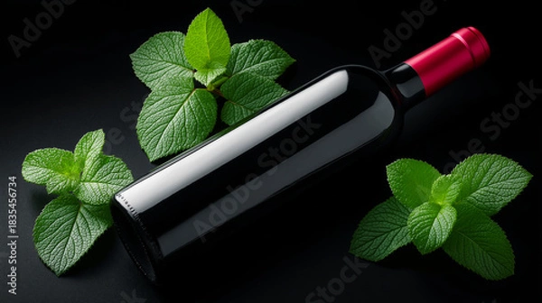 Fototapeta Elegant dark wine bottle with a red foil cap surrounded by fresh green leaves on a black background