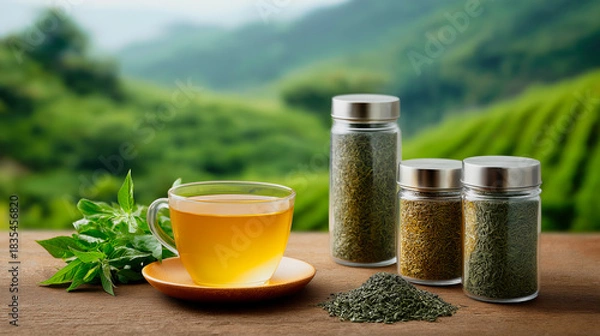 Fototapeta Glass cup of herbal tea with fresh leaves and assorted dried tea blends in jars on a wooden