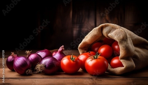 Obraz fresh red tomatoes and purple onions spilling from burlap sacks on a rustic wooden surface