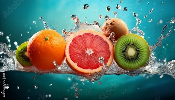 Obraz splashes burst around succulent grapefruit kiwi and orange trio celebrating vitamin c day and fruit bat festival s vibrant zest