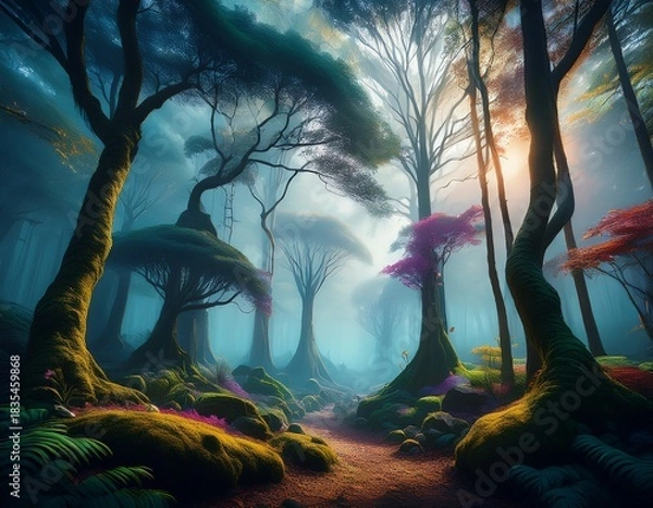 Obraz mystical forest a tranquil scene of fog trees and serene atmosphere