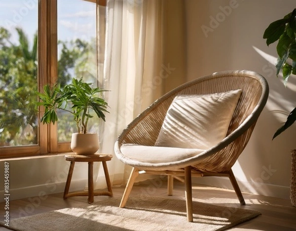 Obraz cozy nimbus armchair basking in dappled sunlight serene zen retreat vibes perfect for hygge celebrations or national relaxation day
