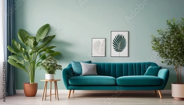 Obraz serene living room with teal sofa plants and minimalist decor for a calm home