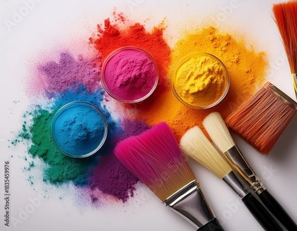 Obraz bright colorful powders and paintbrushes arranged on a white surface for artistic creativity