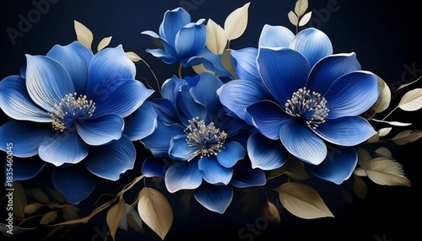 Obraz elegant blue flowers blooming with delicate petals and lush foliage against a dark background
