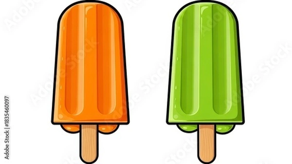 Fototapeta Two colorful popsicles, one orange and one green, on white background.