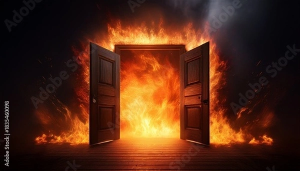Obraz a door opening to a fiery blaze with bright flames illuminating the dark surroundings