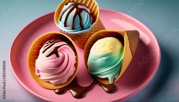 Obraz delicious ice cream cones with colorful swirls and chocolate drizzle on a pink plate