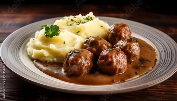 Obraz succulent swedish meatballs bask in creamy gravy beside snowy mashed potatoes perfect for kanelbullens dag or scandinavian feasts