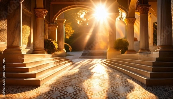 Obraz golden sunbeams dance on terrazzo steps whispering stories of bygone solstices and quiet homecoming rituals