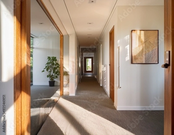 Obraz sunlit hallway with doors and artwork clean and modern interior design