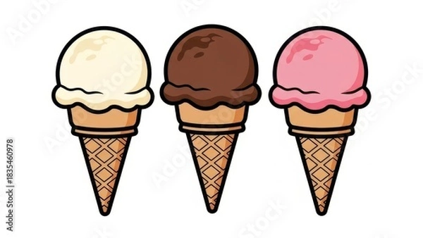 Fototapeta Three delicious ice cream cones with different flavors in a row.