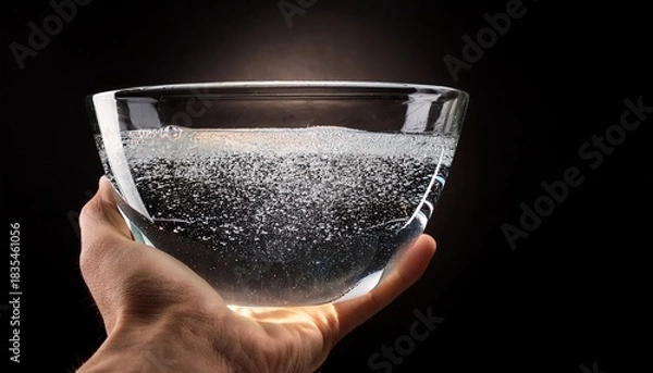 Obraz a hand holding a glass bowl filled with sparkling water or clear liquid against a dark background