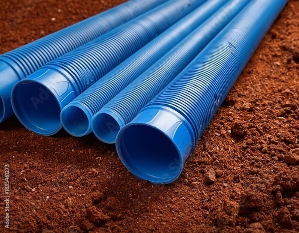 Obraz blue plastic pipe lying on reddish soil surface with visible texture and detail