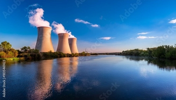 Obraz smoke spirals from cooling towers beside a tranquil river evoking earth day reflections and energy awareness week themes