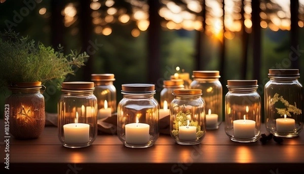 Obraz a table with candles in glass jars