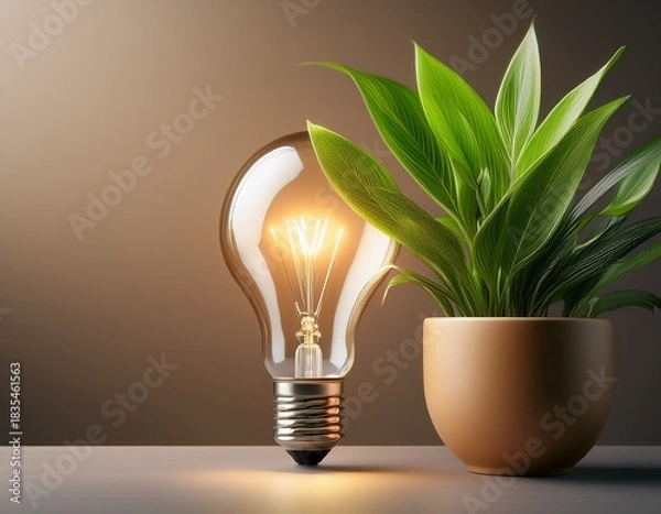 Obraz a glowing light bulb next to a potted green plant on a neutral background