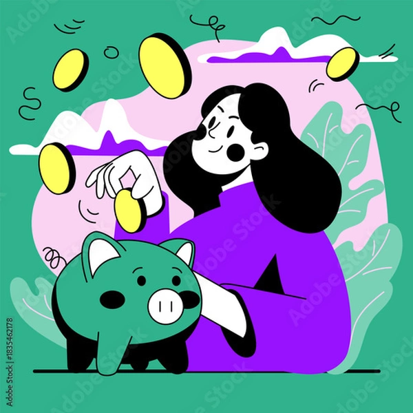 Obraz Joyful person putting coins into piggy bank in colorful vector illustration