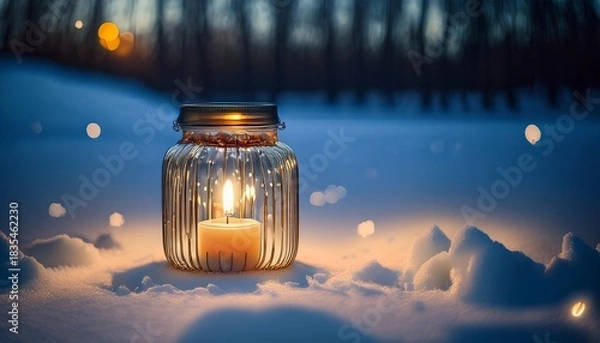 Obraz a candle is lit in a glass jar on a snowy ground