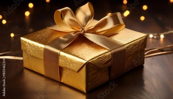 Obraz a gold wrapped gift box with a gold ribbon