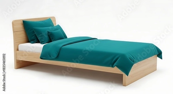 Fototapeta Shop modern platform bed frame with teal bedding and pillows for minimalist bedroom decor style home