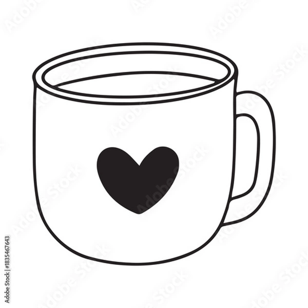 Fototapeta A simple line drawing of a white mug with a black heart on it and a handle isolated on white vector