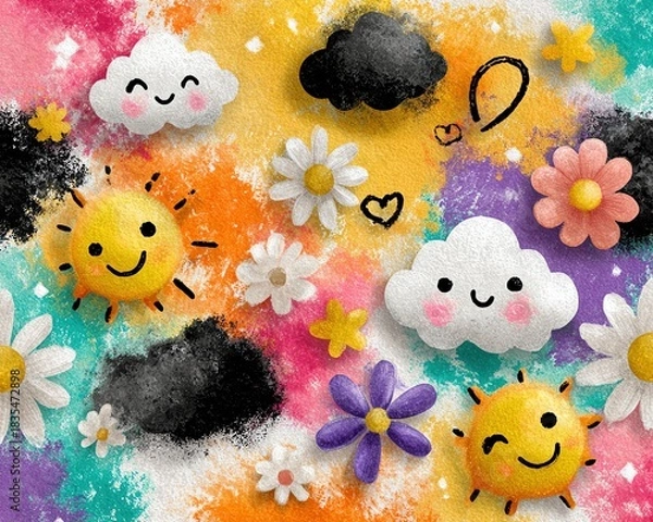 Fototapeta Colorful pattern of sunny clouds and flowers.