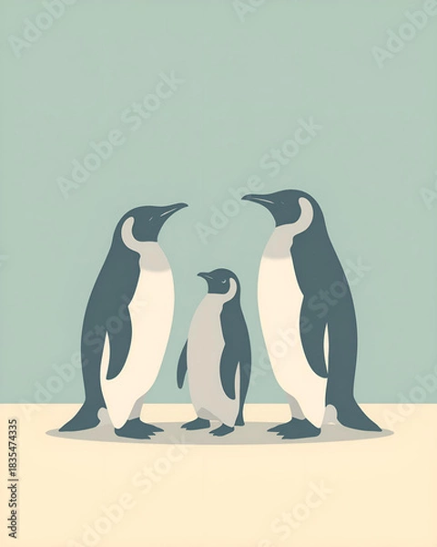 Fototapeta Three Penguins Standing Together on Snowy Surface