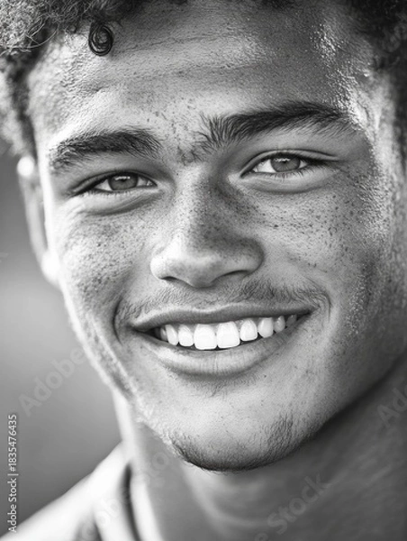 Obraz A black and white photograph of a cheerful individual showing skin pores from exertion or outdoor activity.