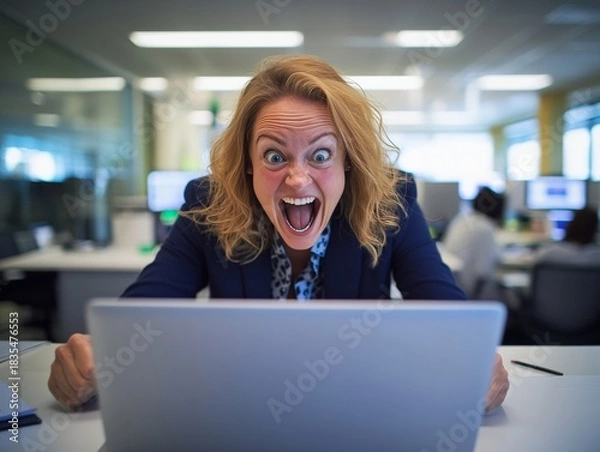 Obraz A woman is sitting at a desk with a laptop in front of her. She is yelling and she is very excited