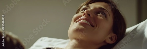 Obraz A female actor smiling while laying in a hospital bed, possibly on a TV show or movie set.