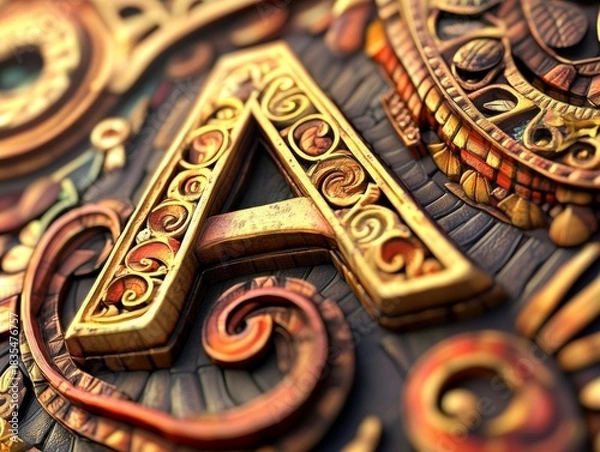 Obraz A luxurious gold letter 'A' intricately carved and embossed into a dark wooden surface, giving off an aura of sophistication.