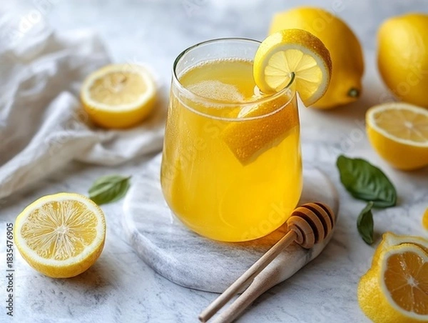 Obraz A glass of lemonade with a lemon slice in it. There are also several lemons on the table