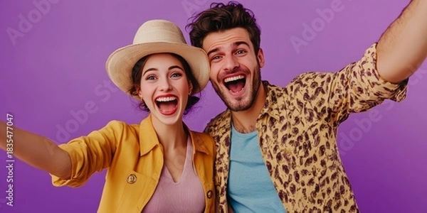 Obraz A man and a woman are smiling and taking a selfie. The man is wearing a yellow jacket and the woman is wearing a yellow hat