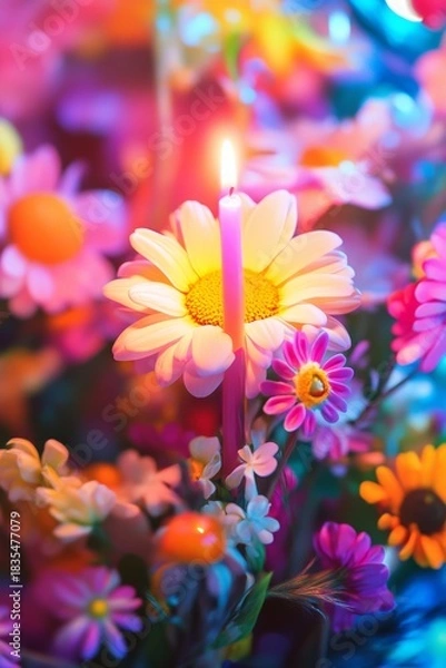 Obraz Vibrant flowers and candle create a serene display.