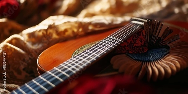 Obraz Classical guitar with intricate design on strings and fretboard against a blurred floral background.