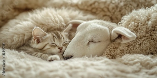 Obraz Peaceful scene of a white sheep sleeping next to an adorable kitten on a soft blanket.