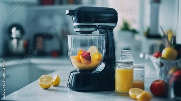 Obraz A black kitchen blender with fresh fruit inside on a countertop with citrus fruits and jars of juice nearby.
