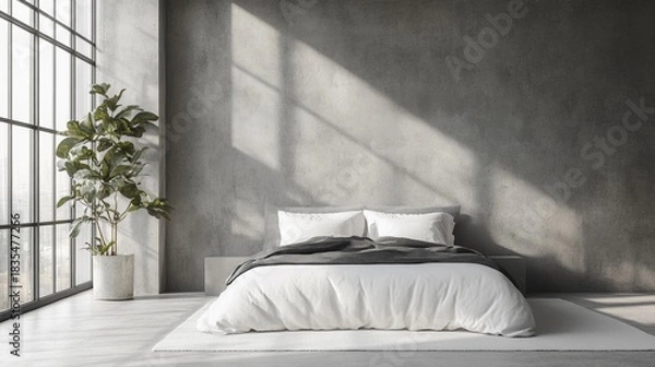 Obraz A clean, minimalist bedroom with a bright window and modern design elements.