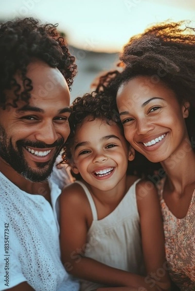 Obraz A joyful image of a smiling father, mother and daughter in an outdoor setting during sunset.