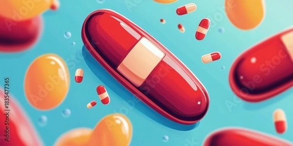 Obraz A colorful illustration featuring a red pill and several yellow pills scattered on the floor, creating an artistic representation of medication spills.