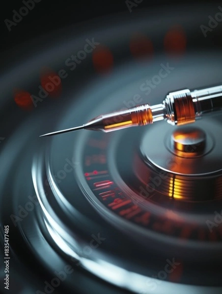 Obraz Close-up of syringe injecting liquid into electronic component with red and blue lighting.