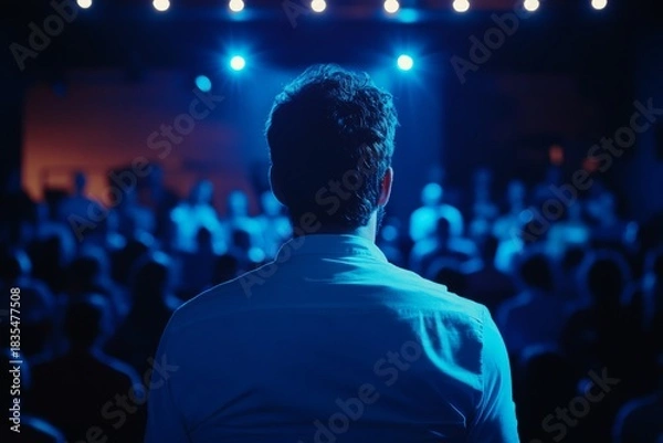 Obraz A man on a stage giving a speech or presentation while the audience is seated in the dark.