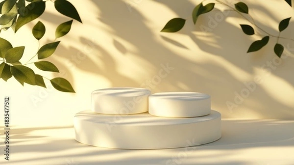 Obraz A white pedestal with three white circles on it. The pedestal is in front of a wall with leaves on it